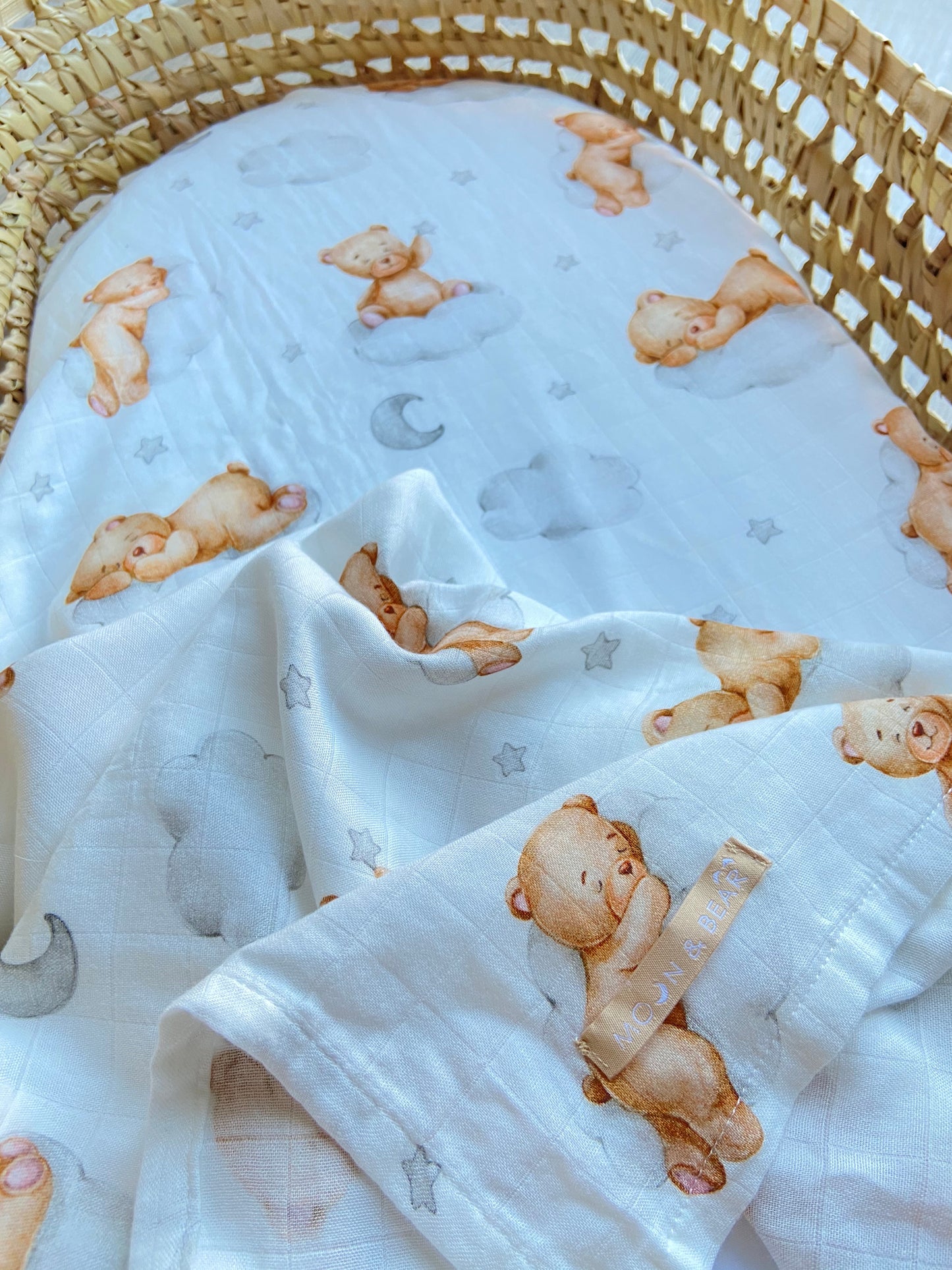 Moon and Bear Muslin Swaddle Blanket